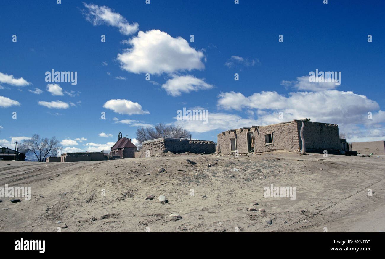 A view of the ancient adobe and stone buildings of San Juan Indian Pueblo Ohkay Owingeh Stock Photo