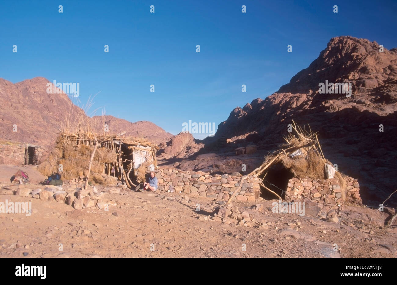 Trekker at camp in Farsh Rummana, High Mountains of Southern Sinai, Egypt Stock Photo