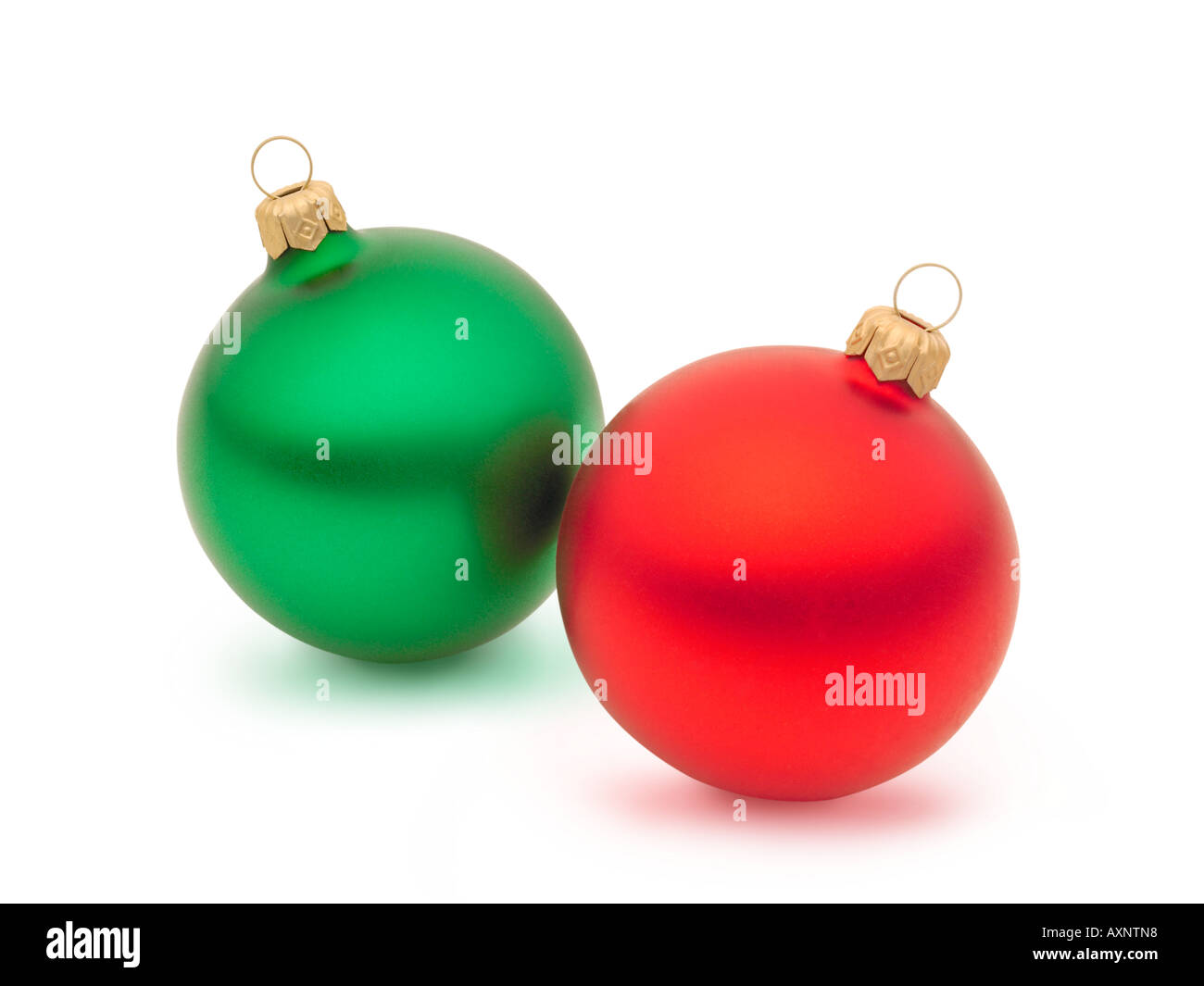 Pair Of Red And Green Glass Ball Christmas Ornaments On White Stock Photo Alamy