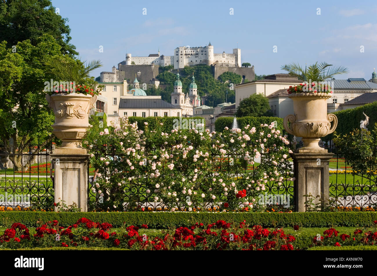 Europe Austria Saltzburg Mirabell Gardens and Schloss Hohensalzburg Stock Photo