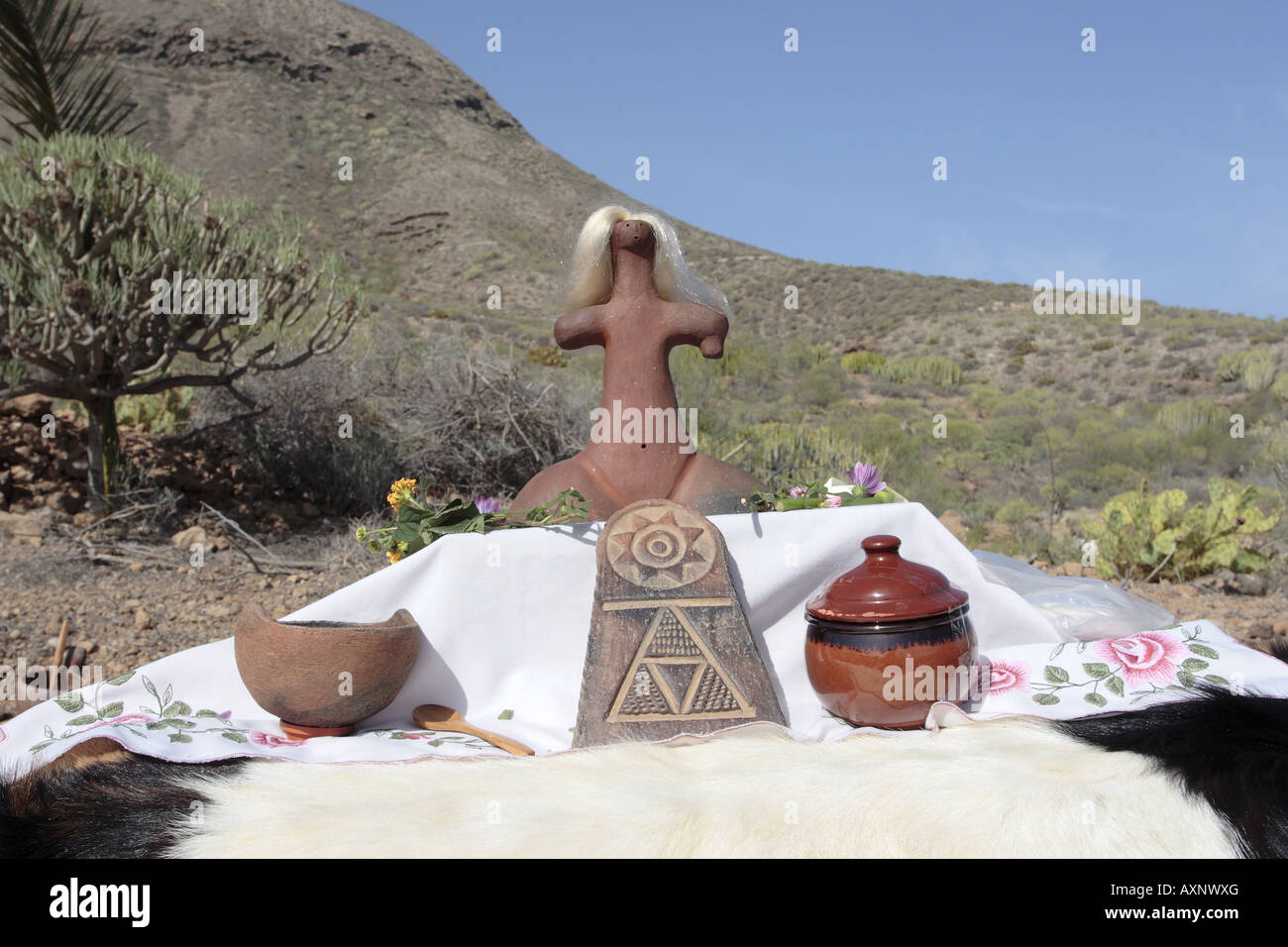 Altar covered with a goat skin and decorated with fertility symbols ready for a Guanche aboriginal wedding ceremony, Tenerife, Canary Islands, Spain Stock Photo