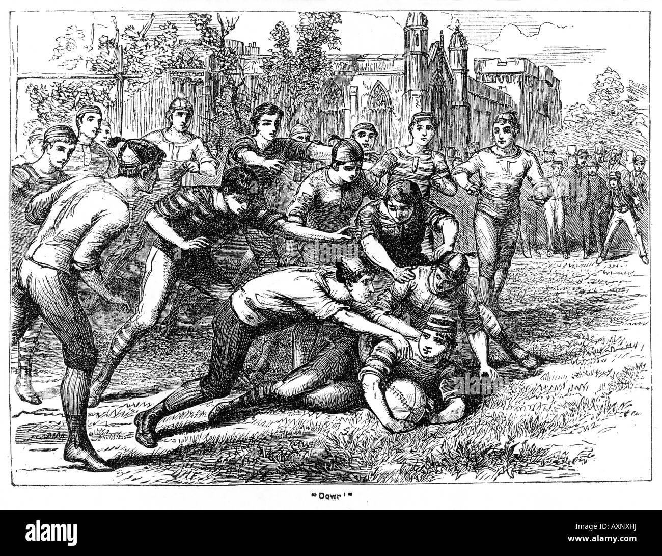 Down 1879 engraving of a Victorian school rugby match as a player is tackled to the ground with the ball Stock Photo