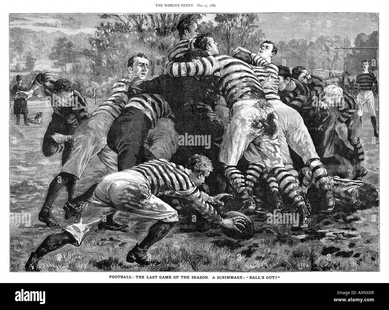 The Last Game Of The Season 1884 engraving of the ball emerging from a scrimmage at rugby football Stock Photo
