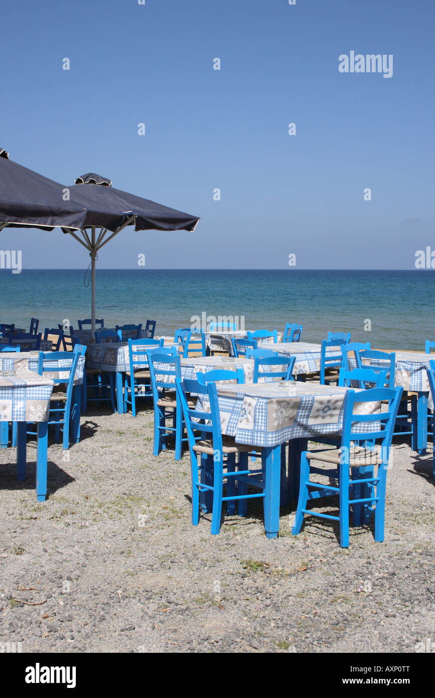 traditional blue restaurant furniture at the beach. Crete Island, Greece, Europe. Photo by Willy