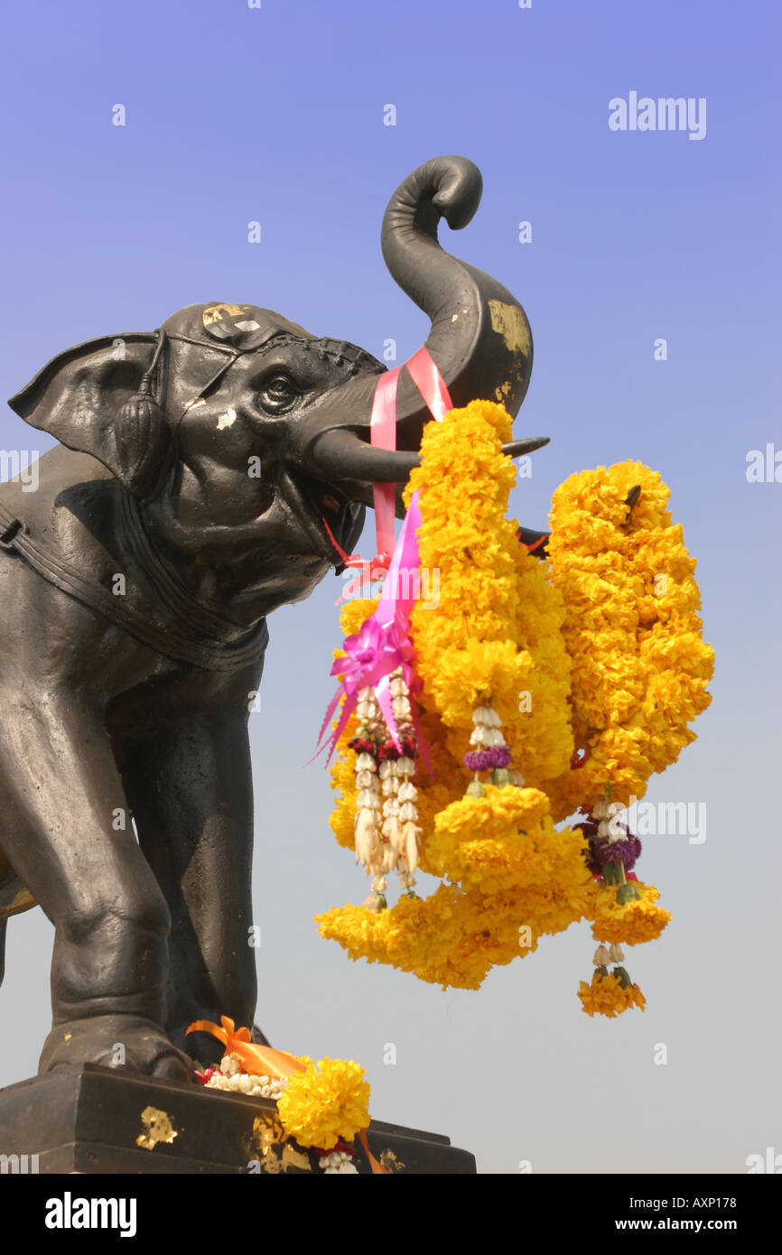Elephant Statue with Flower Garland Wat Arun Bangkok Thailand Stock