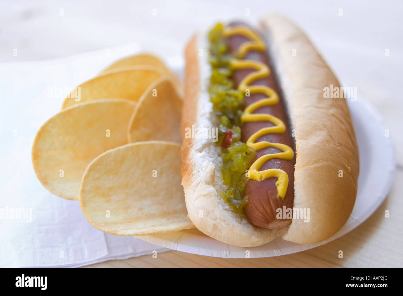 Studio image of Hot Dog & potato chips on plate USA Summer Stock Photo