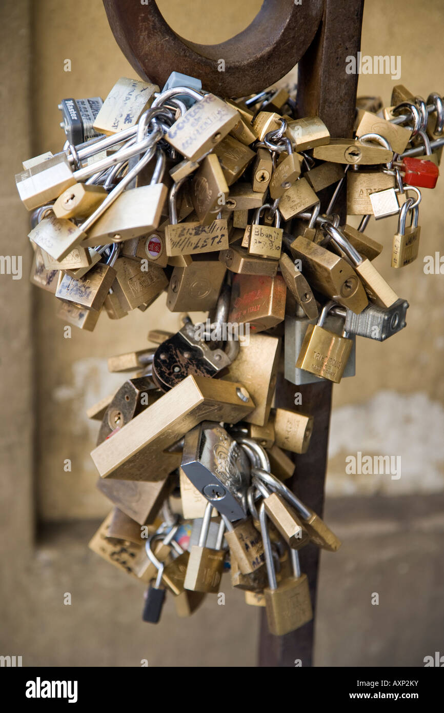 Love padlocks attached to a handrail in Florence Italy see http en wikipedia org wiki Love