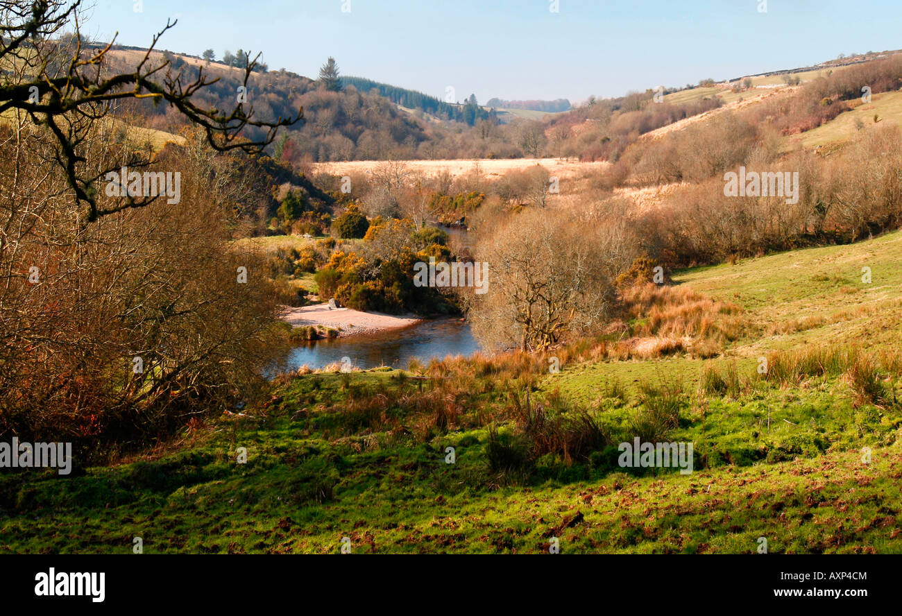 A river valley on Dartmoor National Park, Devonshire England. Stock Photo
