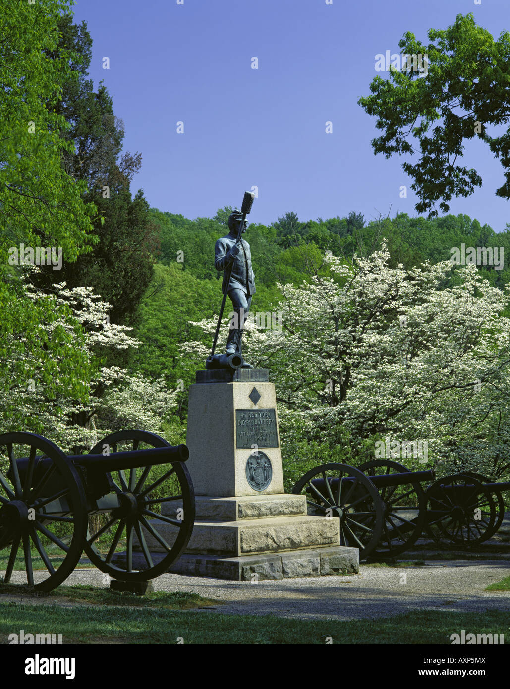 Gettysburg National Military Park PA Cannon and NY artillery monument in spring woods in Devel s Den Stock Photo