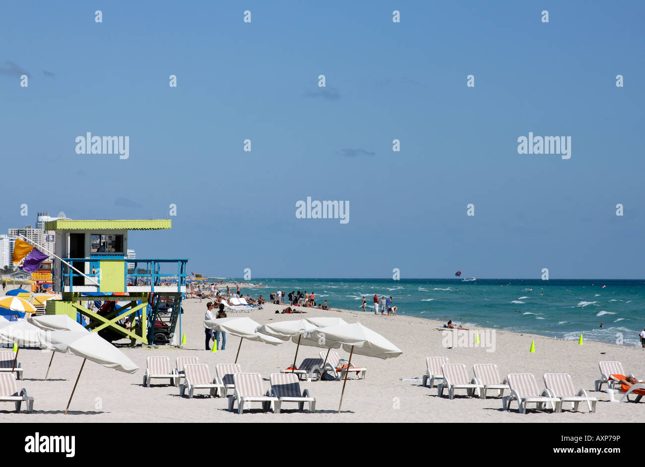 Miami beach scenery in Florida USA with clear blue sky umbrellas Stock