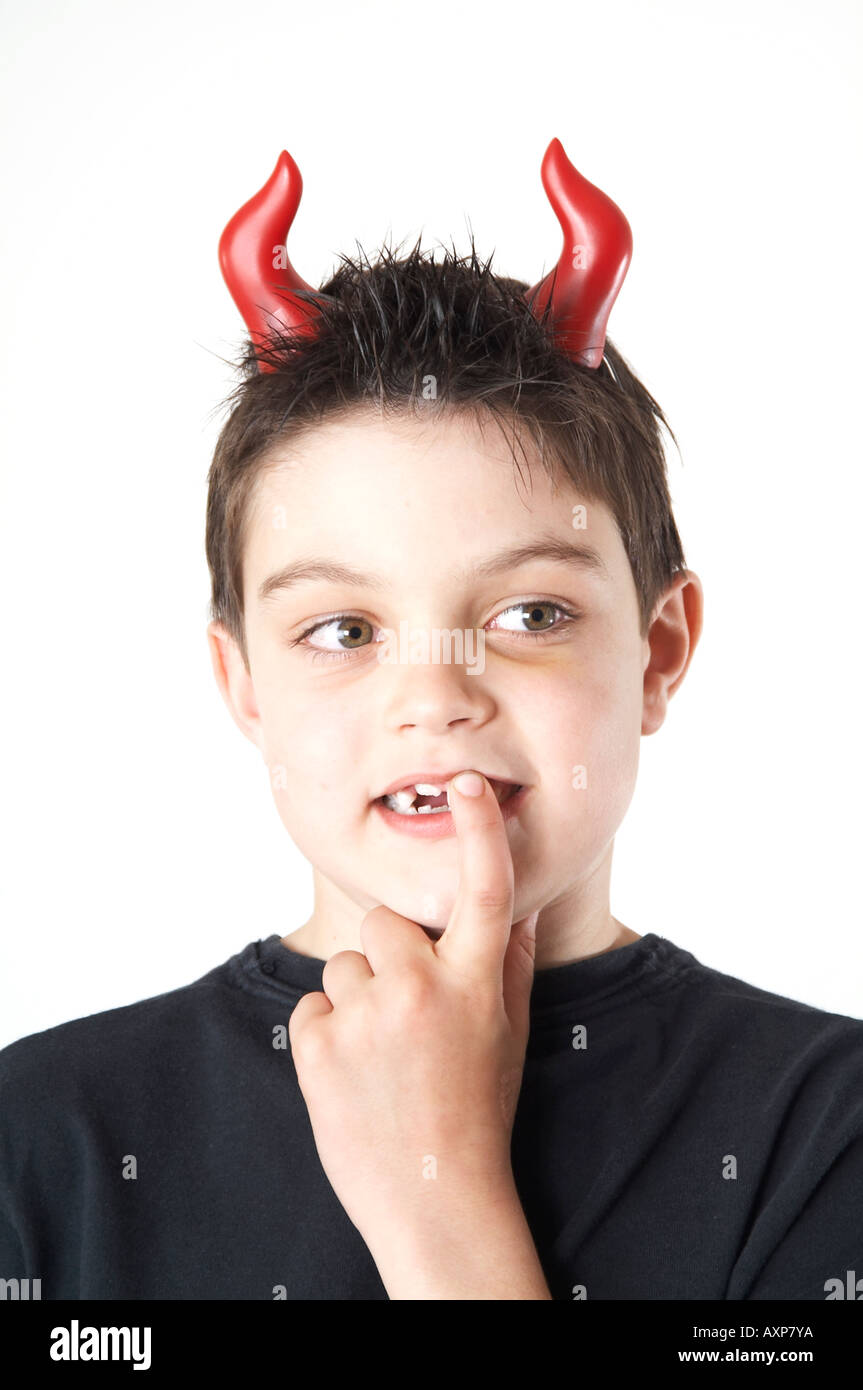 little, devil, lil, mischievous, upto, mischief, young, boy, horns, red, trouble, naughty, in, behavior, causing, planning, Stock Photo