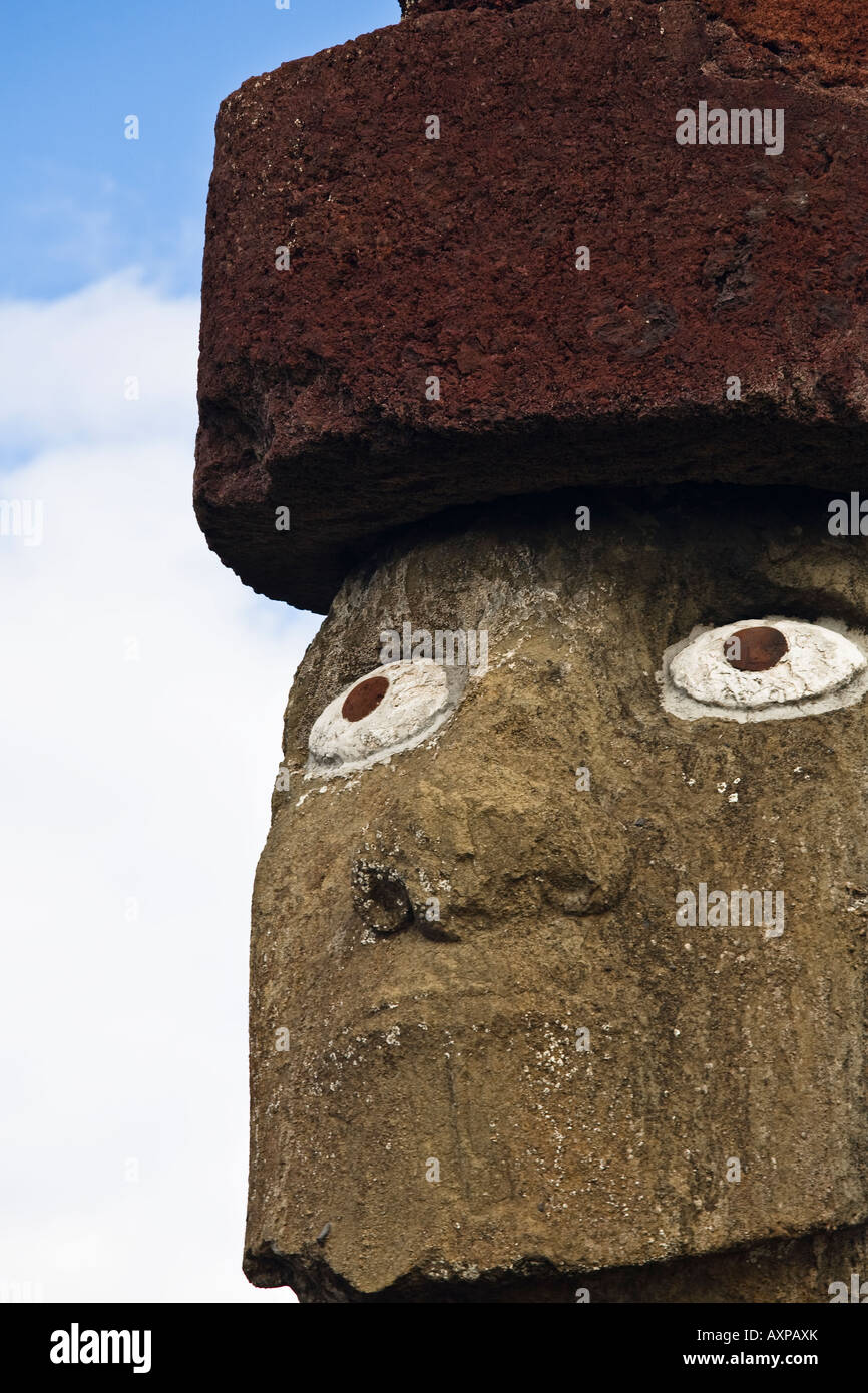 Ahu Ko Te Riku is the only moai with restored coral eyes Stock Photo