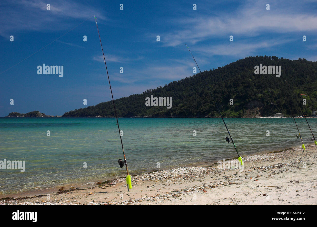 Fishing rods set up for line fishing on Skala Potamias beach
