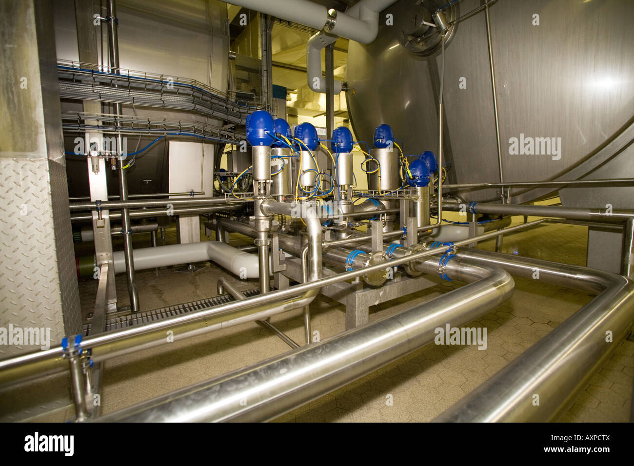 Cheese making drums. Cheese factory processing plant. drums and pipes ...