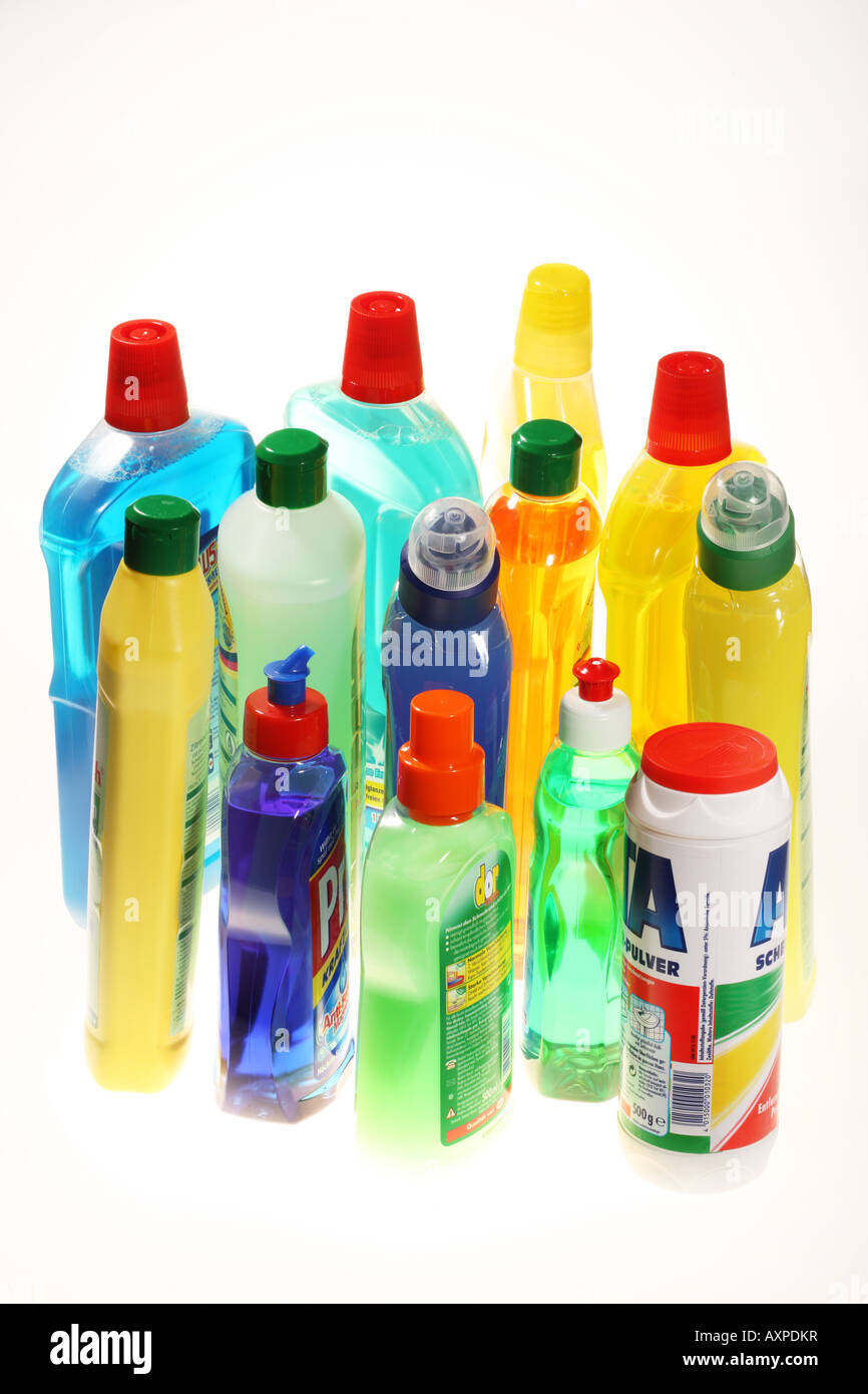 Plastic bottles with liquid cleaning agents Stock Photo Alamy