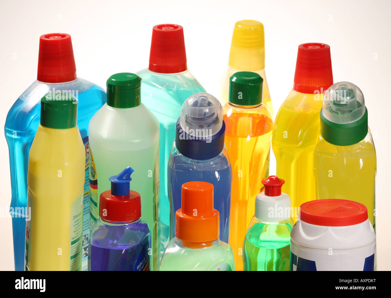 Plastic bottles with liquid cleaning agents Stock Photo Alamy