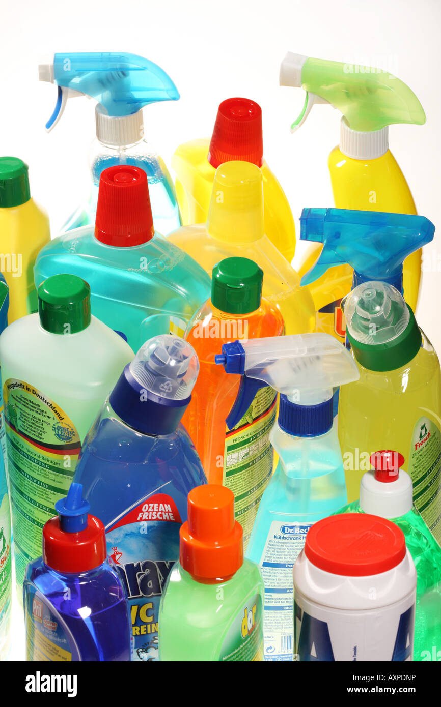 Plastic bottles with liquid cleaning agents Stock Photo - Alamy