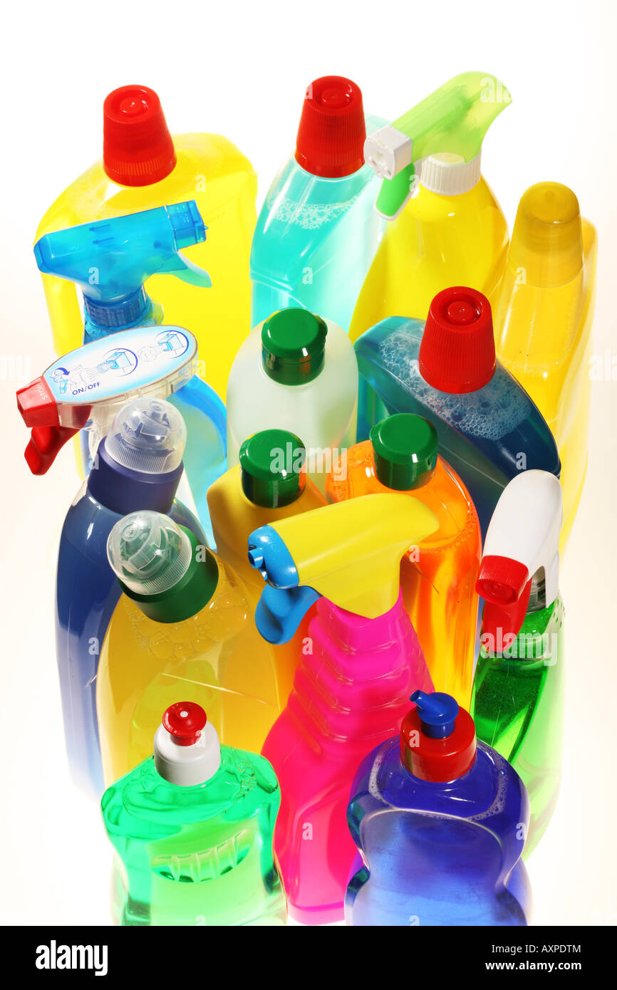 Plastic bottles with liquid cleaning agents Stock Photo Alamy