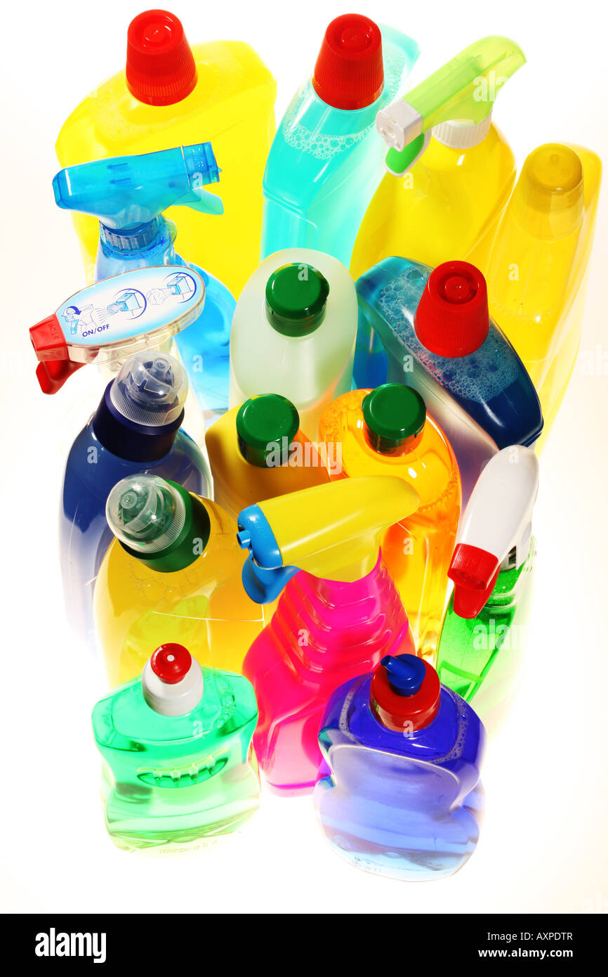 Plastic bottles with liquid cleaning agents Stock Photo Alamy
