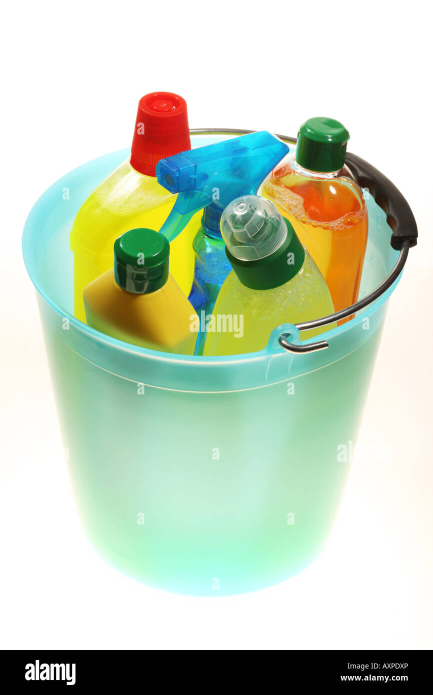 Plastic bottles with liquid cleaning agents Stock Photo