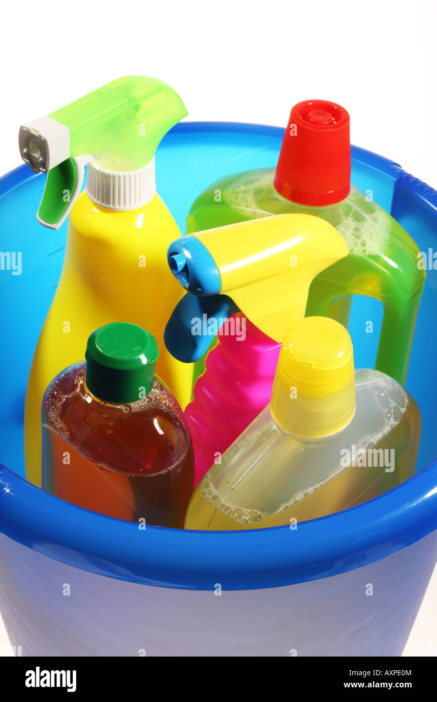 Plastic bottles with liquid cleaning agents Stock Photo Alamy