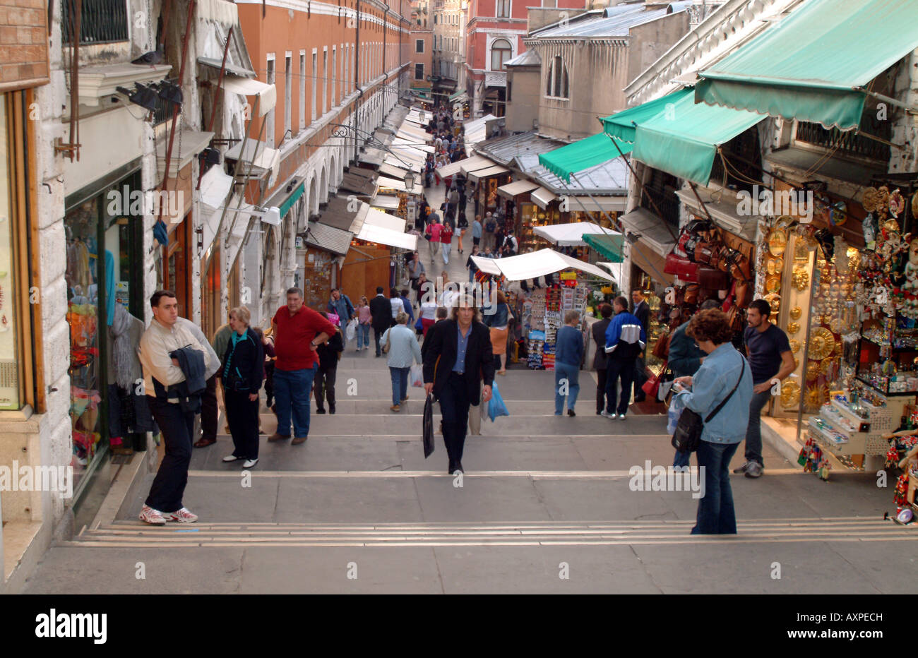 Boutique shops and stalls on the Rialto Bridge, Venice, Italy Stock