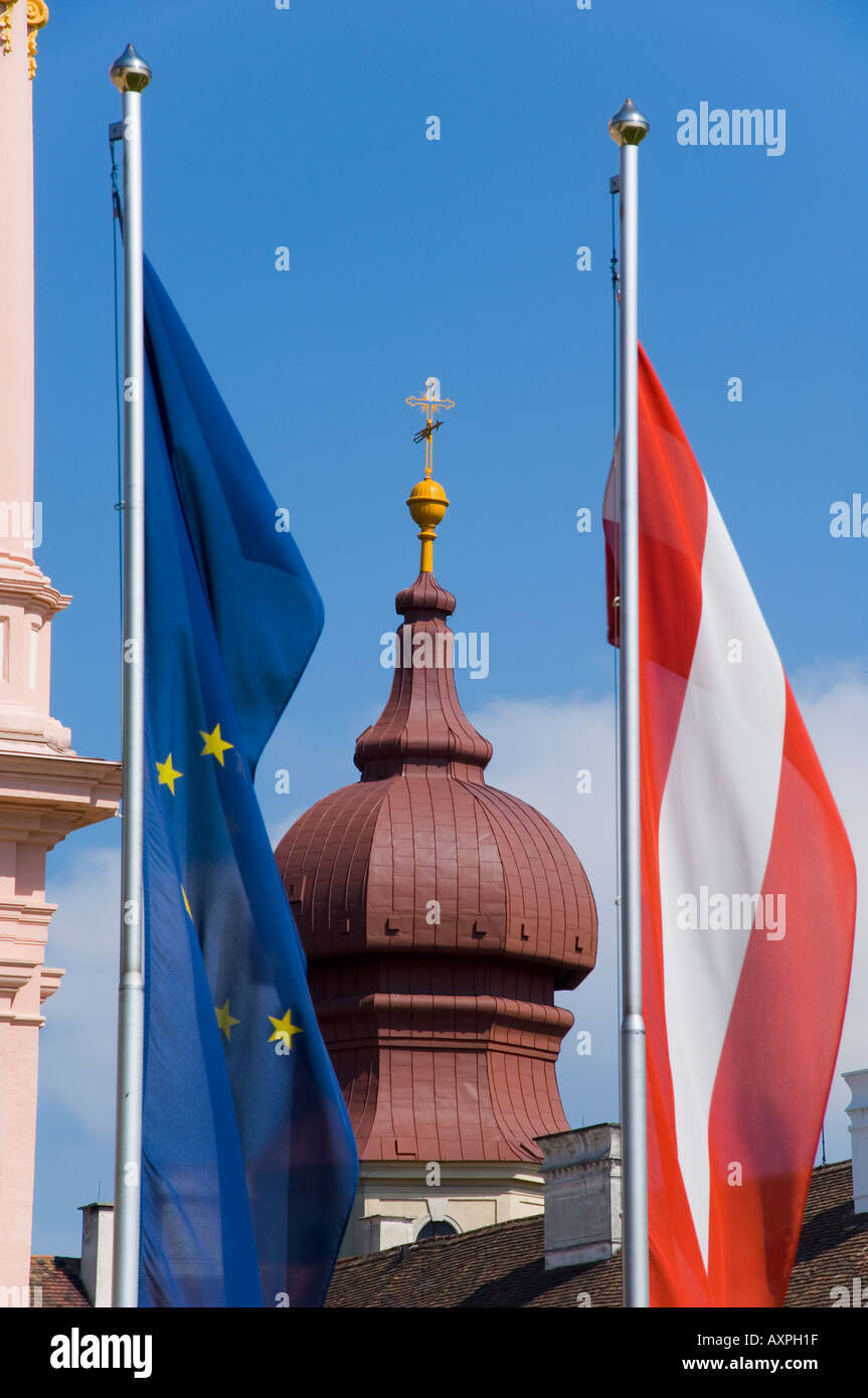 Europe Austria Wachau stift gottweig with austrian and eu flag Stock Photo