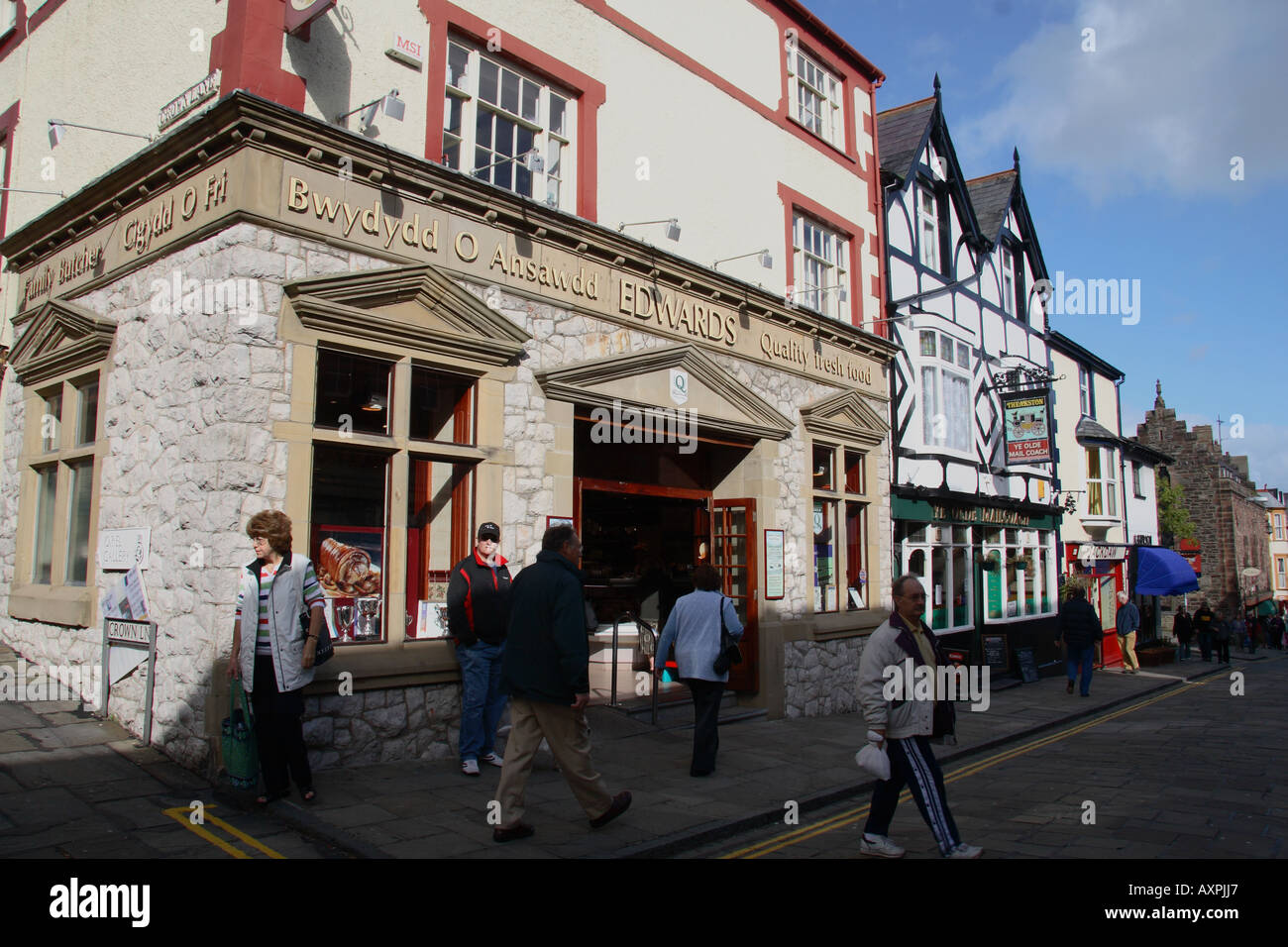 Edwards Butcher Shop and Ye Olde Mailcoach Pub Conwy North West Wales Stock Photo