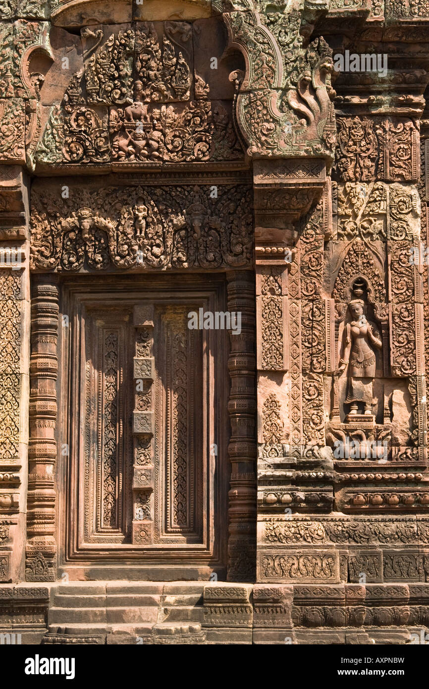 Banteay Srei Temple, Angkor Wat, showing the Rose Pink Limestone Used in Construction. Cambodia