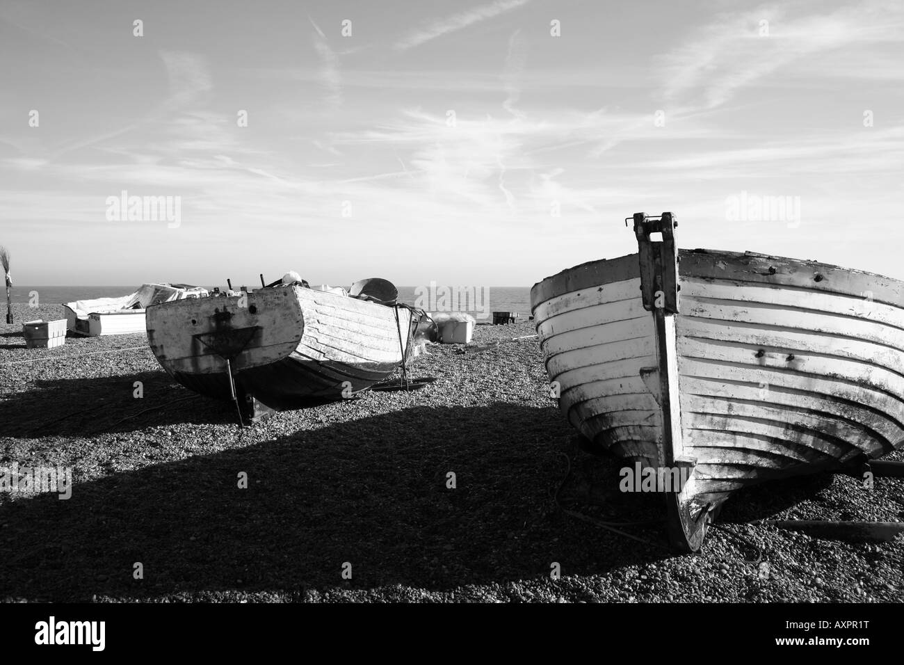 Fishing boats sea shore Black and White Stock Photos & Images - Alamy