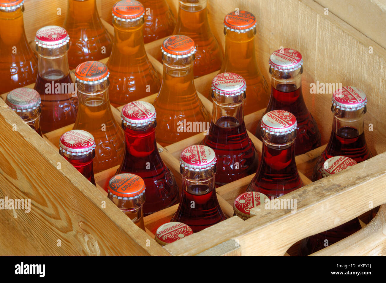 Old glass pop bottles in a wooden crate Stock Photo Alamy