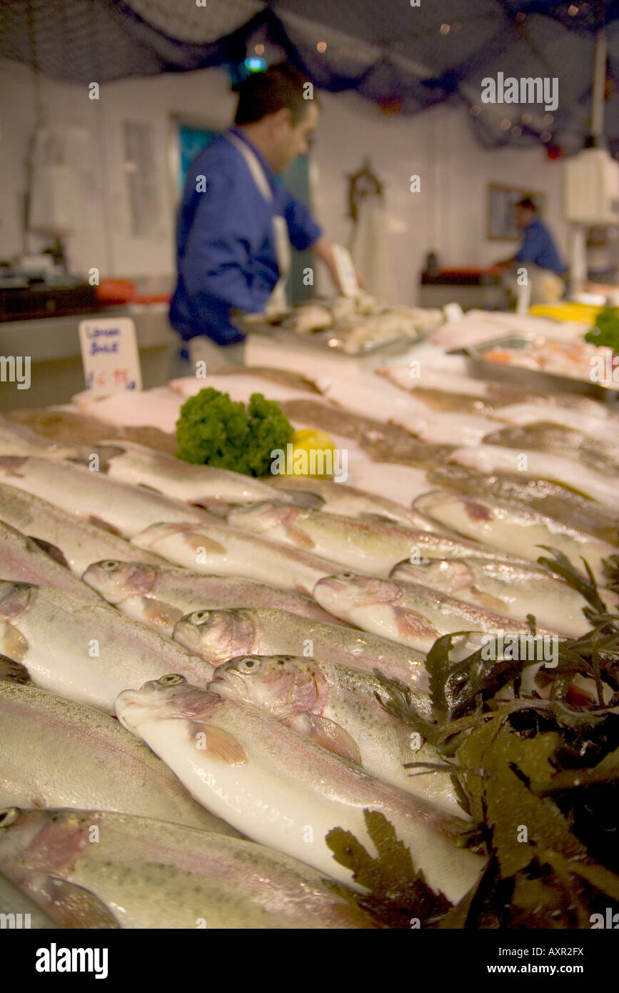 trout on display in the beresford street fish market St Helier Jersey
