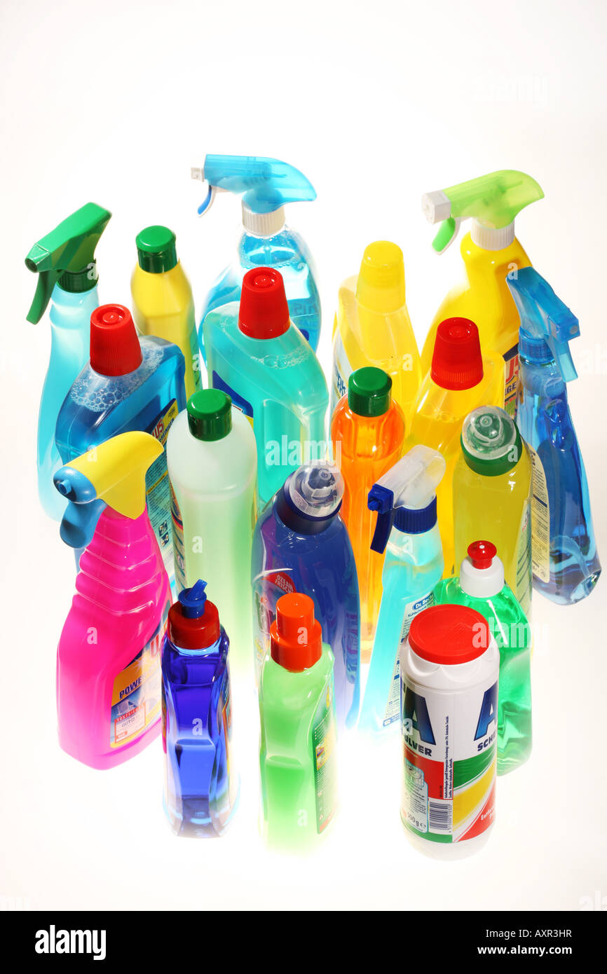 Plastic bottles with liquid cleaning agents Stock Photo Alamy