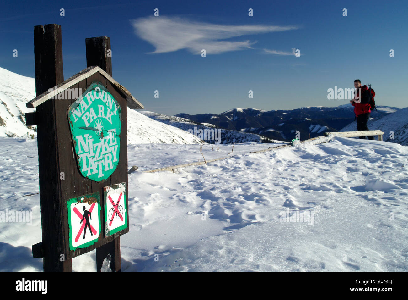 Sign Nizke Tatry National Park Low Tatra moutains in winter in Slovakia Stock Photo