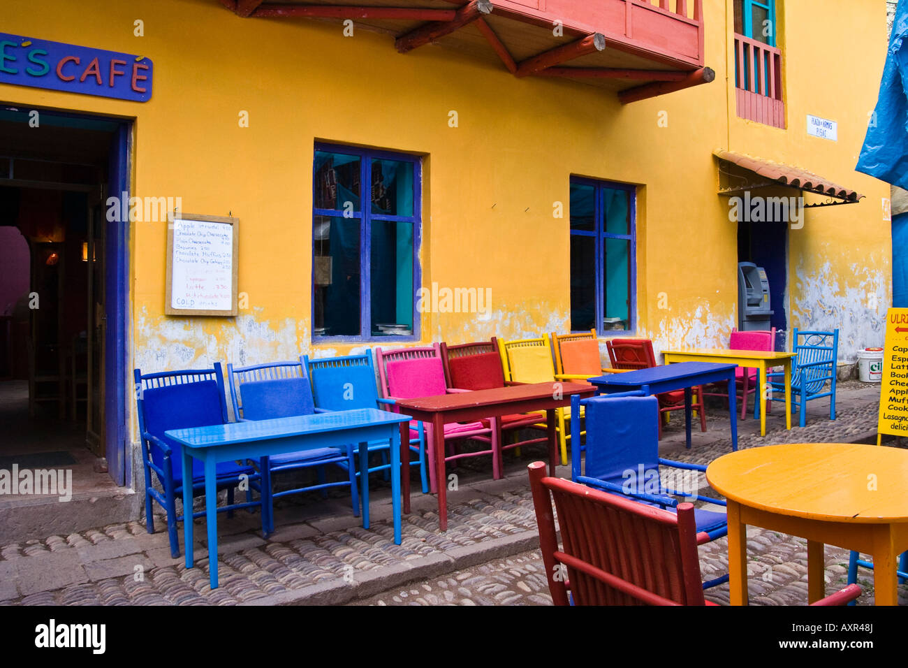 Cafe Restaurant, Pisac Market Square, Plaza de Armas, Pisac, Peru Stock Photo