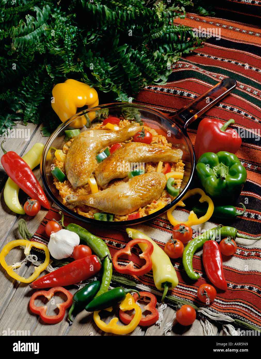 Roast chicken on a bed of rice Stock Photo Alamy