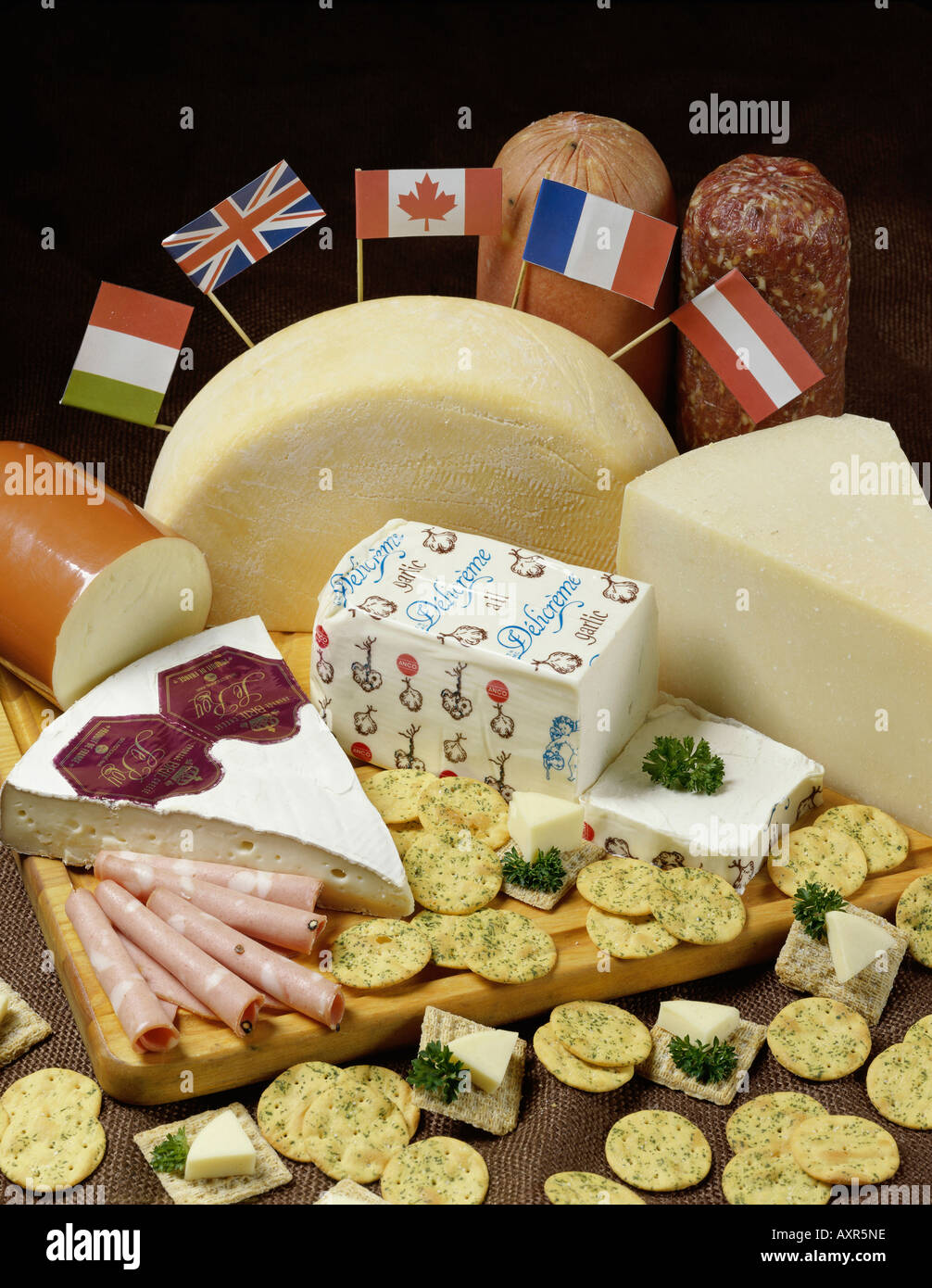 Cheese with crackers and meats Stock Photo Alamy