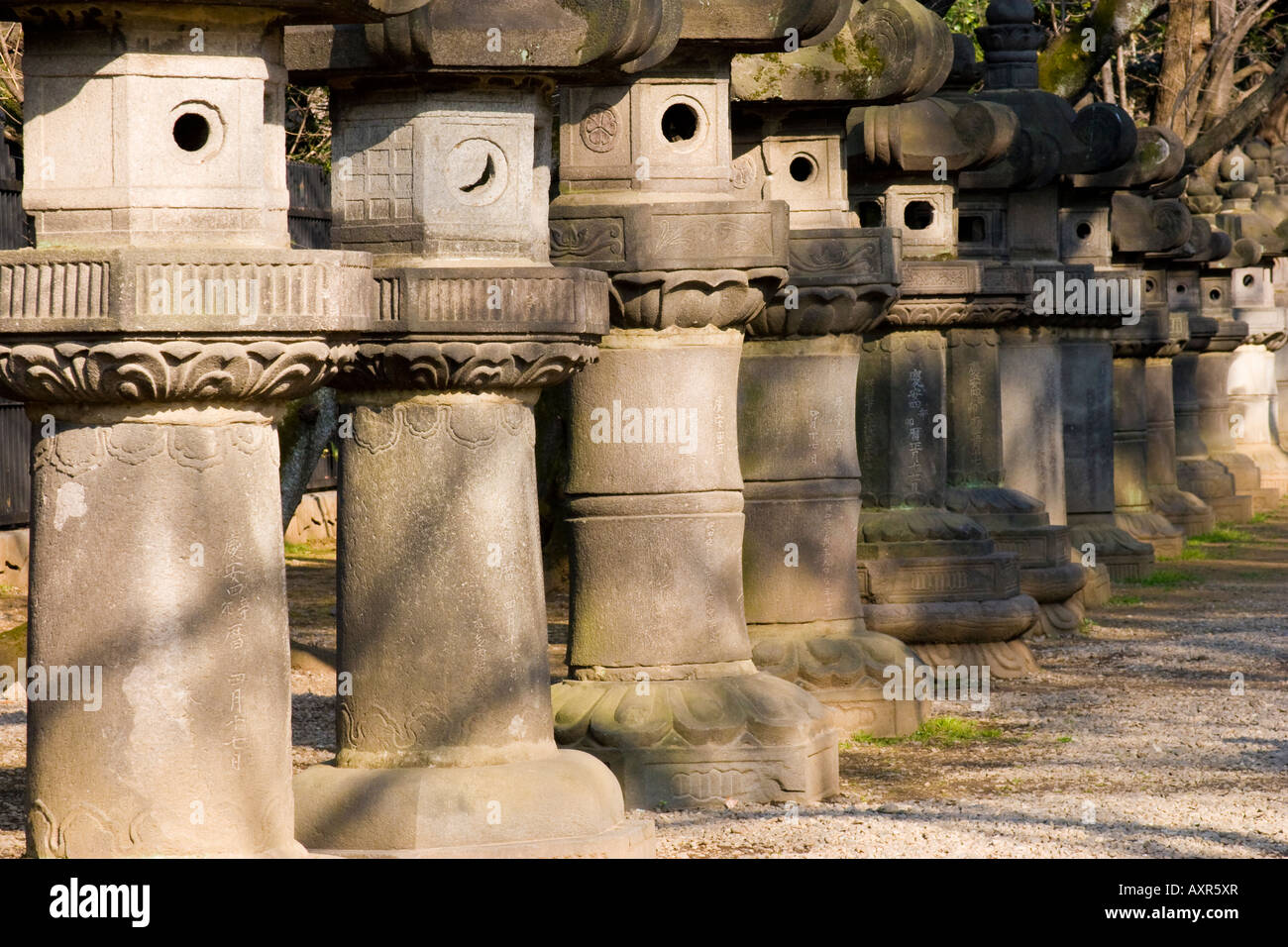 Row of giant stone lanterns lining the path to the Toshogu shrine in Ueno Park Tokyo Japan Stock Photo