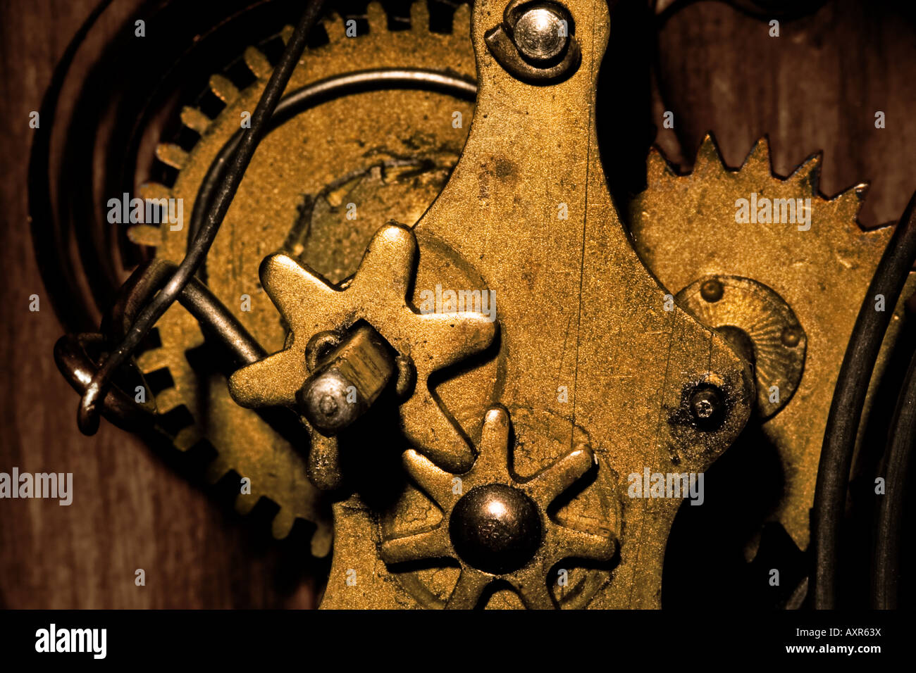 Close up showing the gears inside an old grandfather clock Stock Photo