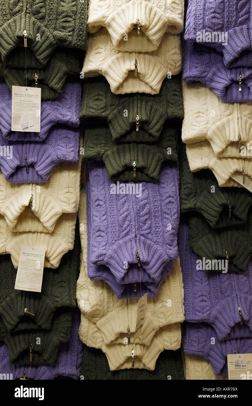 aran sweaters for sale in a woolen shop, Clifden, Ireland Stock Photo