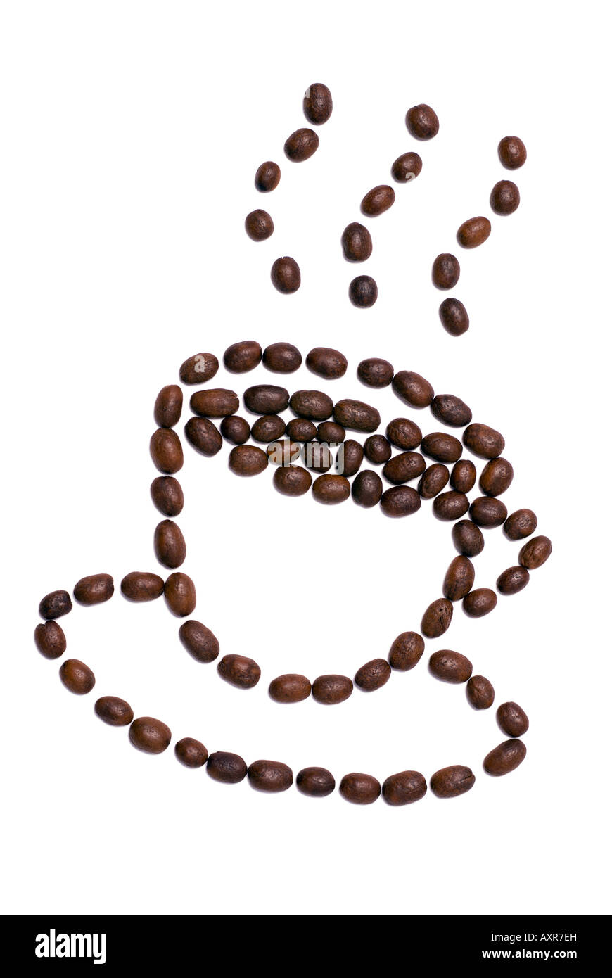 Coffee cup shape made of coffee seeds. Clipping path included. Stock Photo