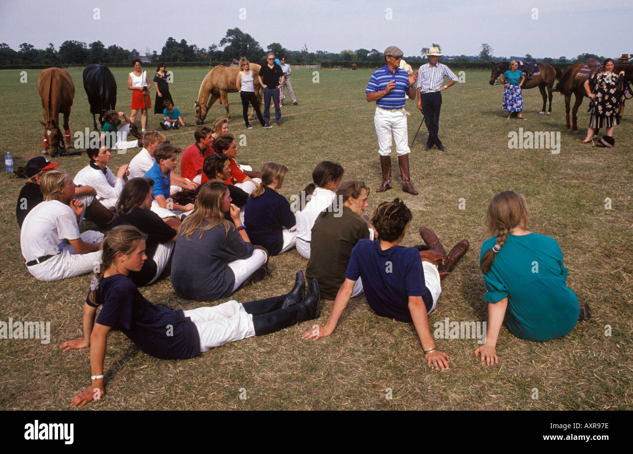 Pony Club  week long camp Surrey. Kingswood  Farm Nr Lingfield Surrey Huw Dawney polo teacher instructs 1990s HOMER SYKES Stock Photo