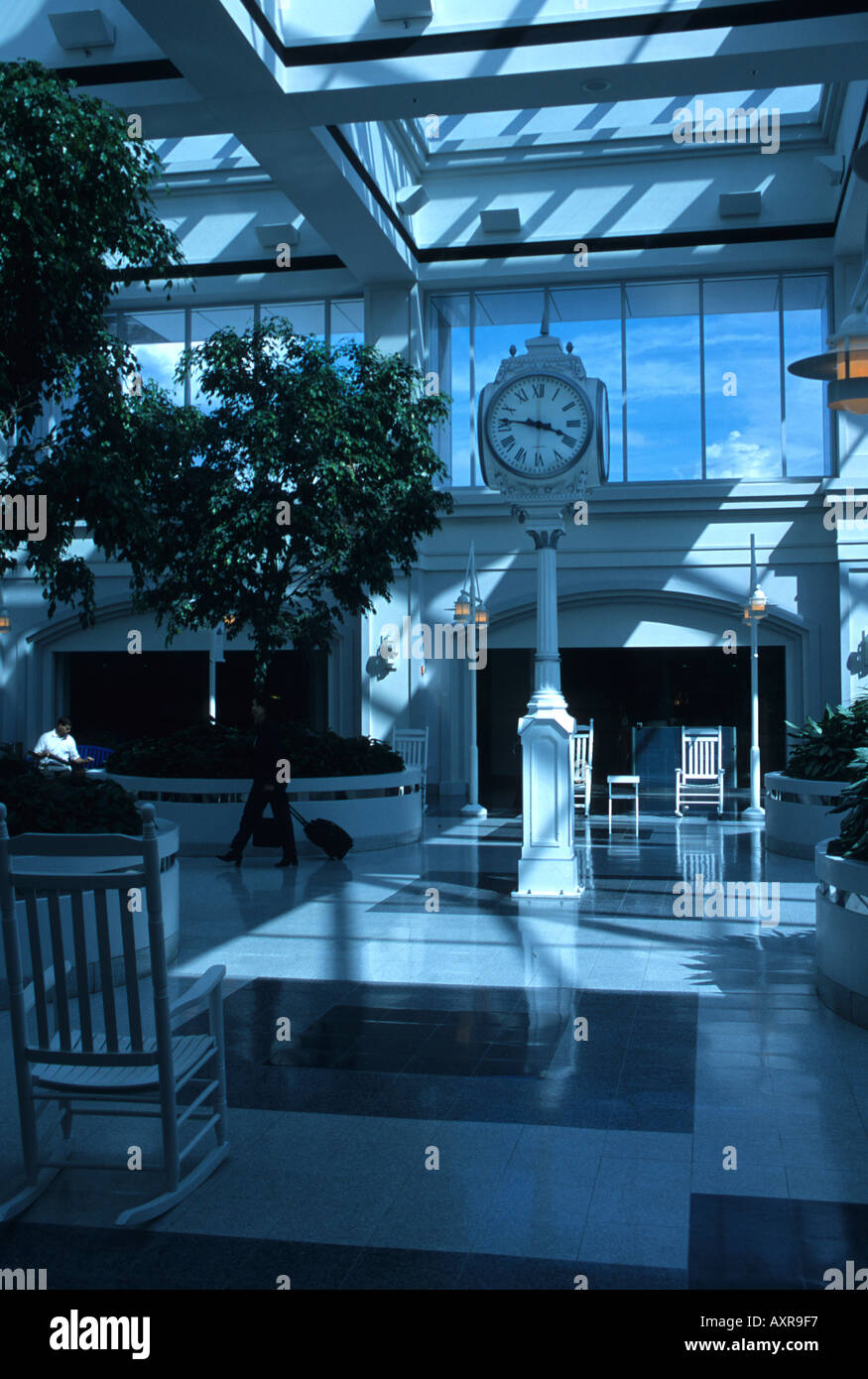 Interior of the Columbia South Carolina Metropolitian Airport with white rocking chairs Stock
