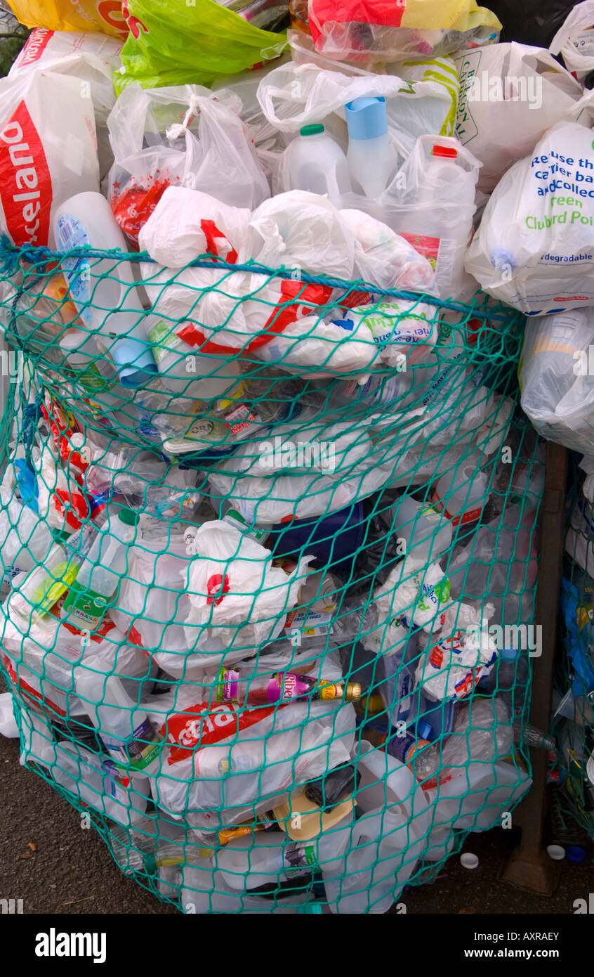 Plastic recycling bank at car park in Abergavenny Monmouthshire South Wales UK EU Stock Photo