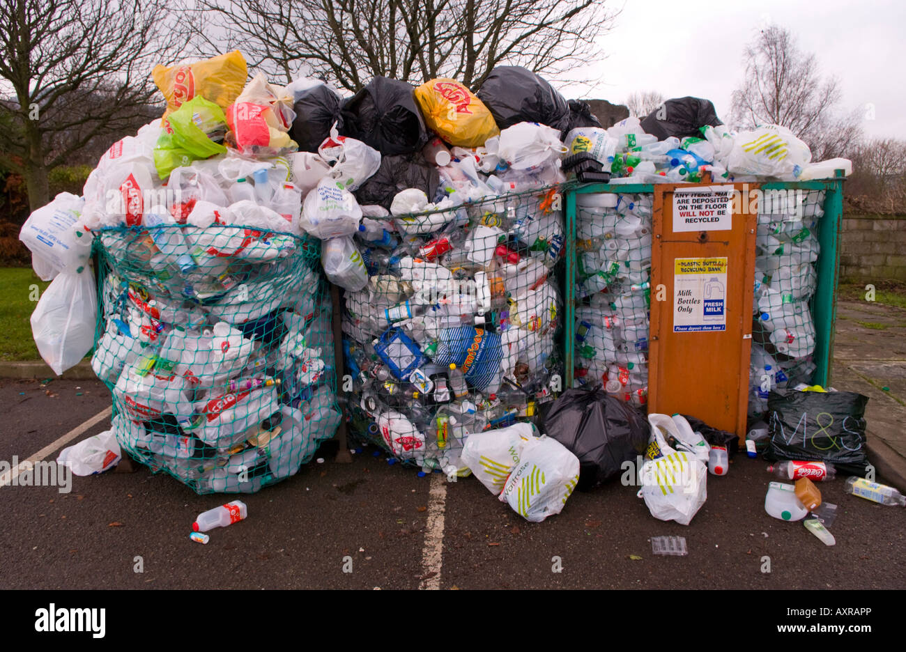 Plastic recycling bank at car park in Abergavenny Monmouthshire South Wales UK EU Stock Photo