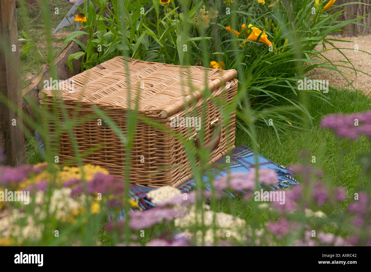 picnic hamper on lawn in garden Stock Photo Alamy