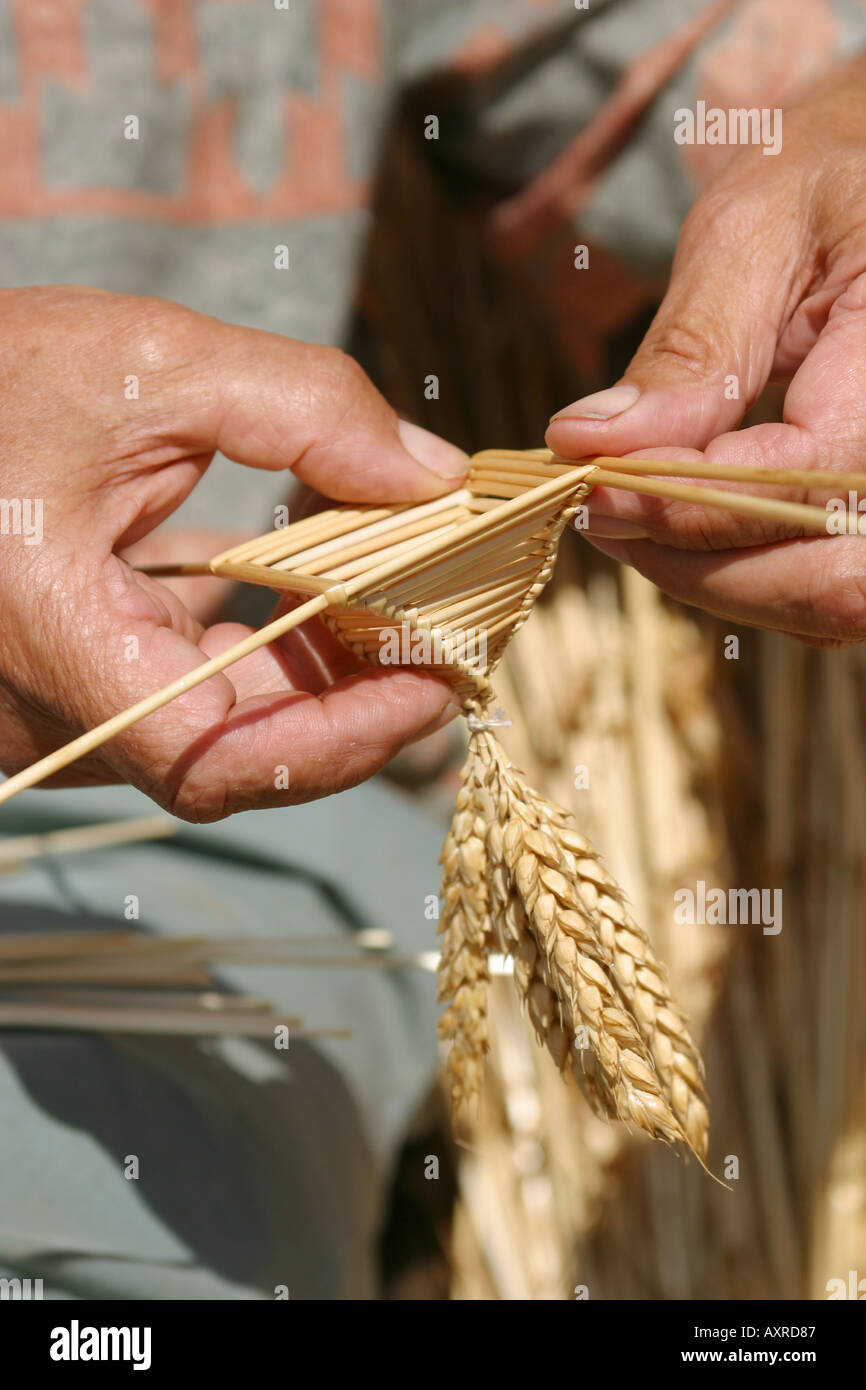 Craftsman making a corn dolly from corn Stock Photo