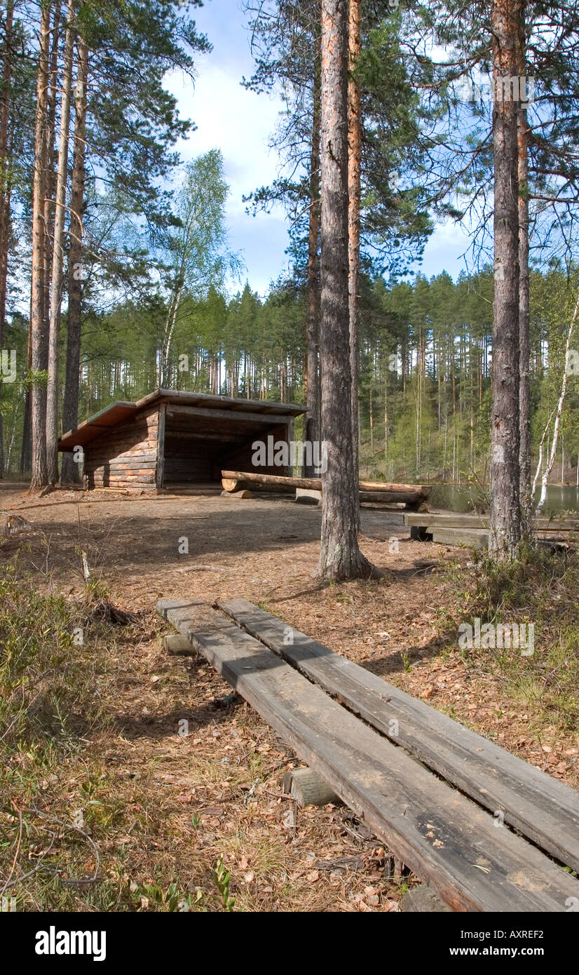 Simple wooden lean-to shelter along nature trail in the taiga forest ,  Finland Stock Photo - Alamy