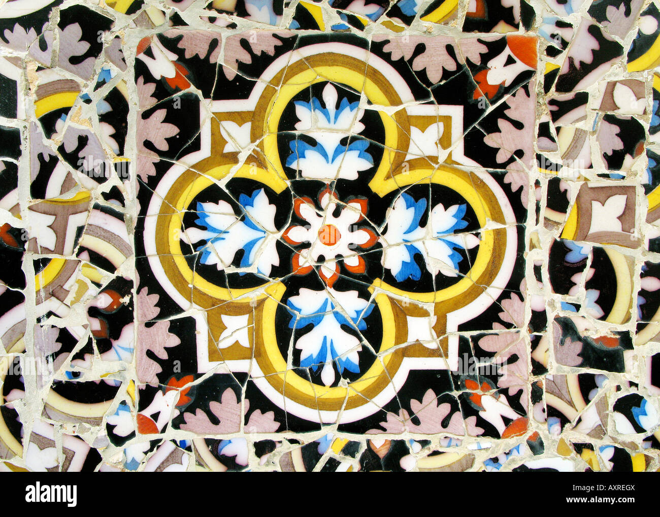 Close up of Gaudi tiles in Guell Park in Barcelona Stock Photo