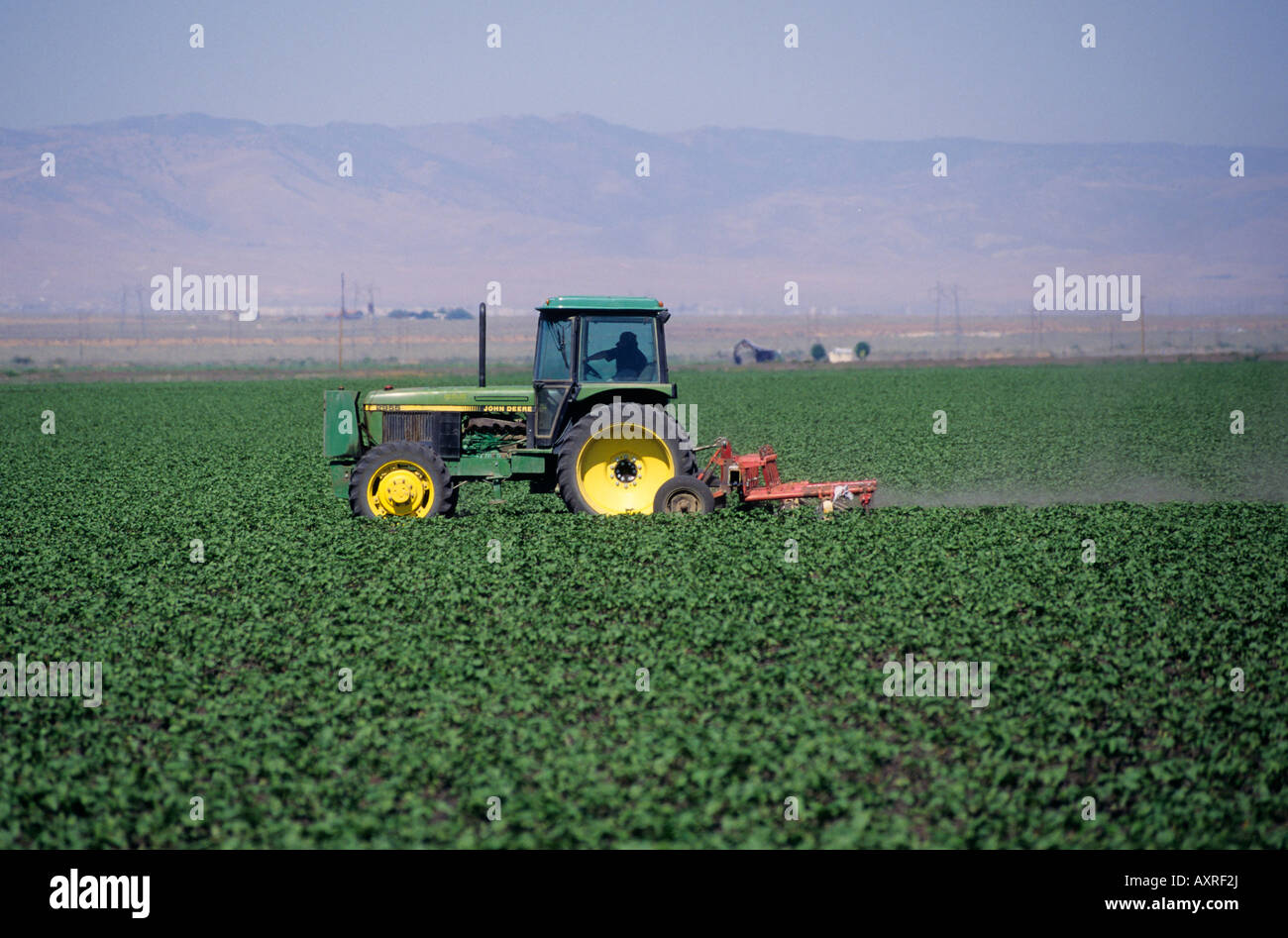 California San Joaquin Valley John Deere tractor working in field Stock Photo